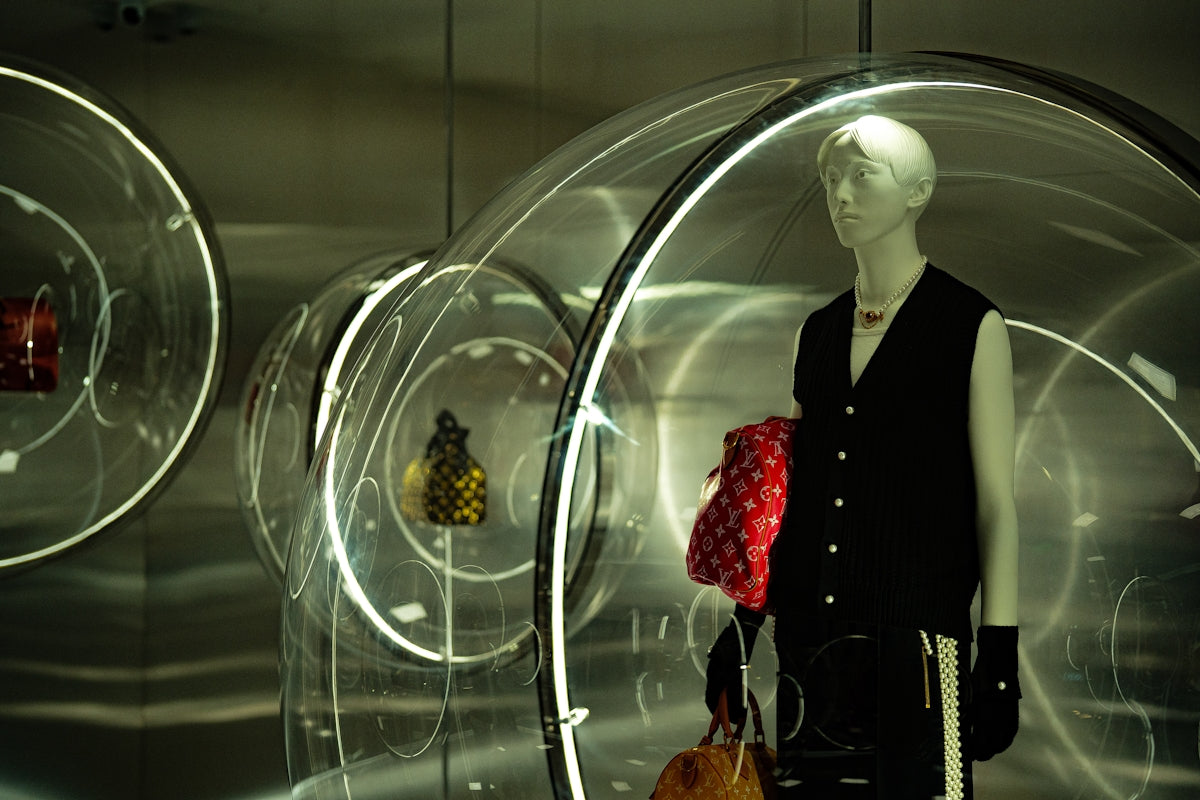Louis vuitton display with mannequin and handbags.