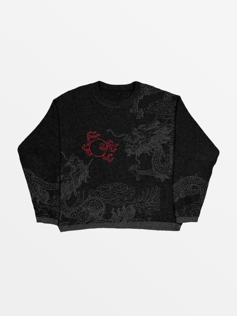 Pull en Maille Dragon Noir — Pull Knit Streetwear Y2K ShineAndGlory