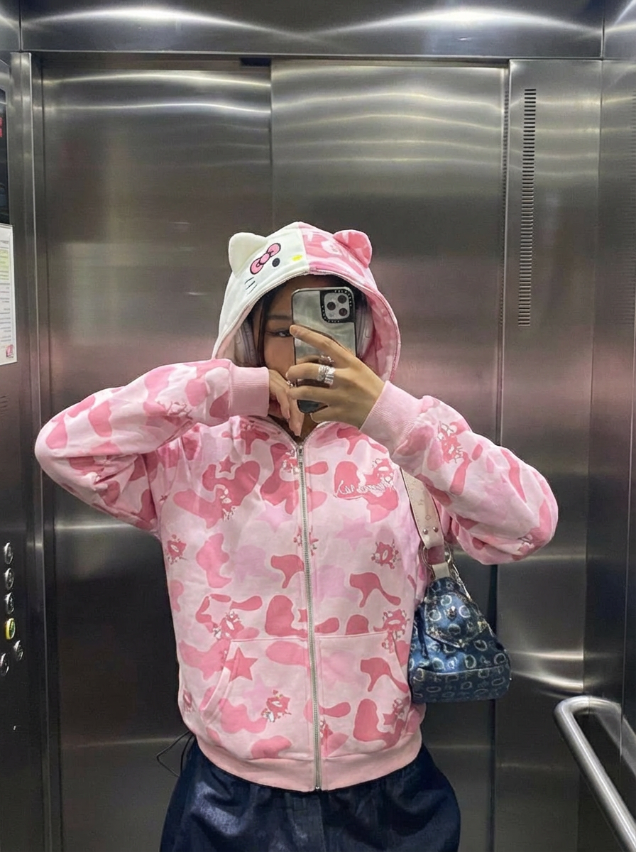 Zip Up Hoodie Iconic Kitty — Y2K Oversized Streetwear – SHINEANDGLORY Zip Up Hoodie Iconic Kitty — Y2K Oversized Streetwear – SHINEANDGLORY